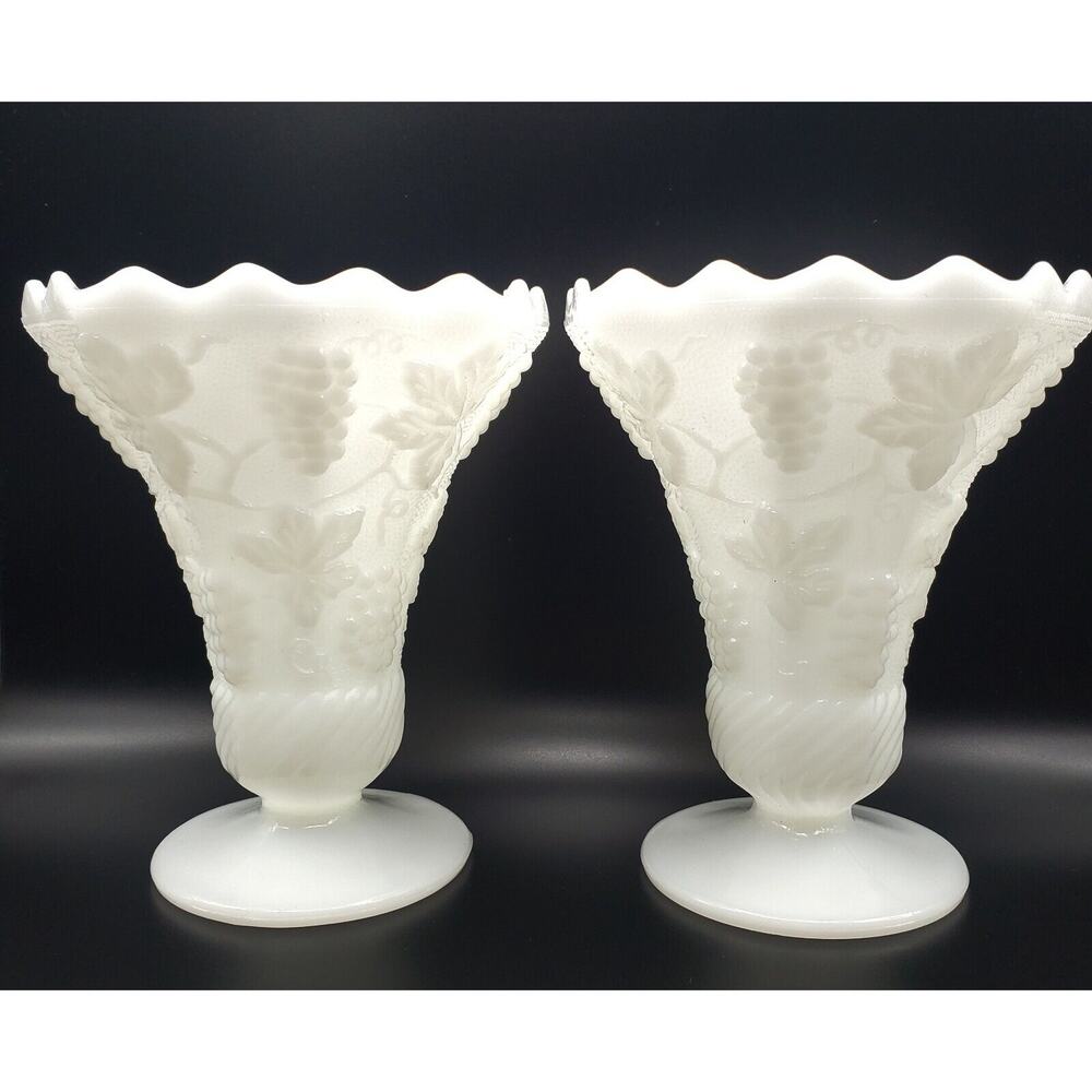 Anchor Hocking White Milk Glass Vases Vintage Grapes & Ivy Pattern Pair Footed